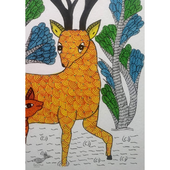 Buy Hand Painted Gond Painting - Mother deer with Baby deer