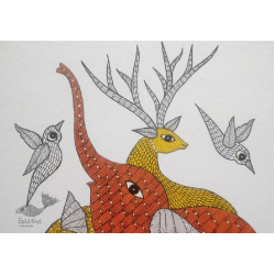 Gond Art | Elephant & Deer - Hand Painted Gond Painting ( 11.5 x 15 inch ) C 15