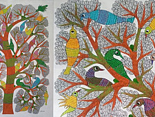 Gond Art | Birds on Tree - Hand Painted Canvas Gond Painting ( 3 X 5 Feet )