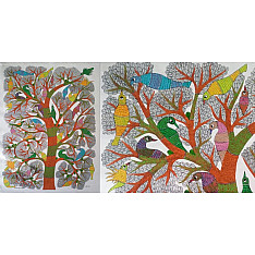 Gond Art | Birds on Tree - Hand Painted Canvas Gond Painting ( 3 X 5 Feet )