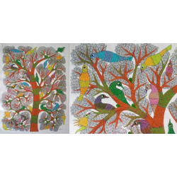 Gond Art | Birds on Tree - Hand Painted Canvas Gond Painting ( 3 X 5 Feet )