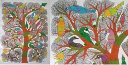 Gond Art | Birds on Tree - Hand Painted Canvas Gond Painting ( 3 X 5 Feet )