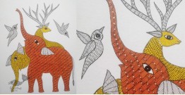 Gond Art | Elephant & Deer - Hand Painted Gond Painting ( 11.5 x 15 inch ) C 15