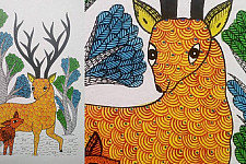 Gond Art | Mother deer with Baby deer - Hand Painted Gond Painting ( 11.5 x 15 inch )