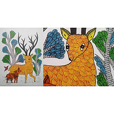 Gond Art | Mother deer with Baby deer - Hand Painted Gond Painting ( 11.5 x 15 inch )