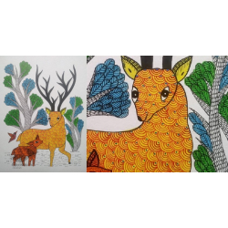 Gond Art | Mother deer with Baby deer - Hand Painted Gond Painting ( 11.5 x 15 inch )