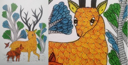 Gond Art | Mother deer with Baby deer - Hand Painted Gond Painting ( 11.5 x 15 inch )