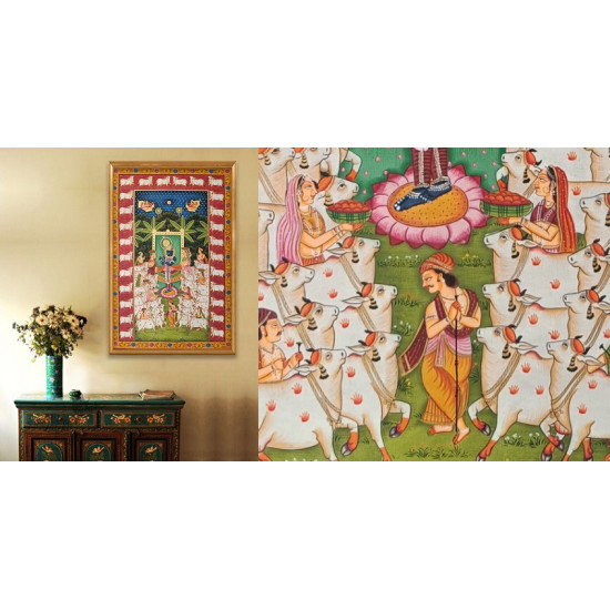 Hand painted pichwai paintings - Gopashtami Pichwai With Cows Border