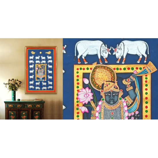 Hand painted pichwai paintings - Shrinathji And Silver Cows Pichwai - IV