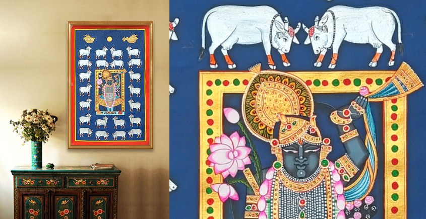 Hand painted pichwai paintings - Shrinathji And Silver Cows Pichwai - IV