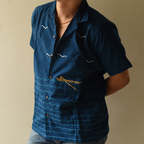 shop Majuli Craft - Embroidered Cotton Blue Shirts