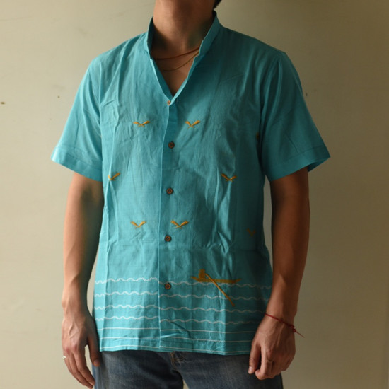 shop Majuli Craft - Embroidered Cotton Sky Blue Shirt