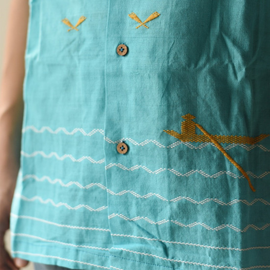 shop Majuli Craft - Embroidered Cotton Sky Blue Shirt