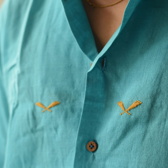 shop Majuli Craft - Embroidered Cotton Sky Blue Shirt