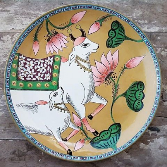 shop Hand Painted Wall Plate - Pichwai Cow & Calf 