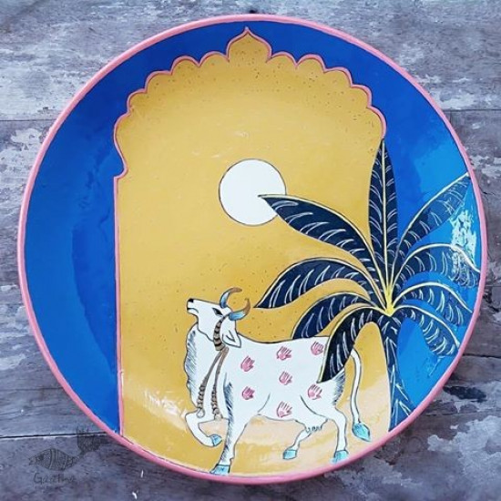 shop Hand Painted Wall Plate - Pichwai Full Moon & Cow