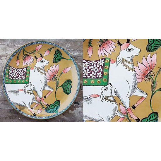 shop Hand Painted Wall Plate - Pichwai Cow & Calf 