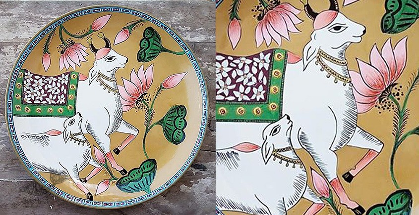 shop Hand Painted Wall Plate - Pichwai Cow & Calf 