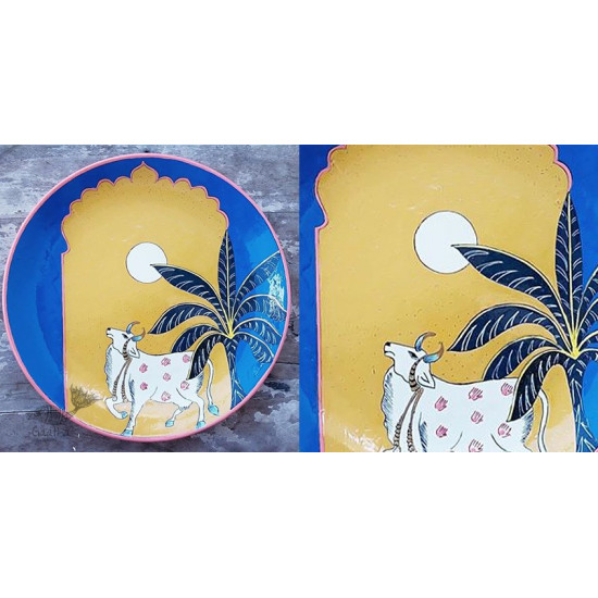 shop Hand Painted Wall Plate - Pichwai Full Moon & Cow