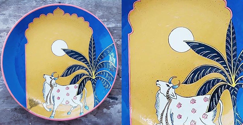 shop Hand Painted Wall Plate - Pichwai Full Moon & Cow