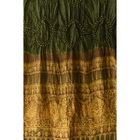 shop silk stole handcrafted - Bottle Green handmade ajrakh bandhani