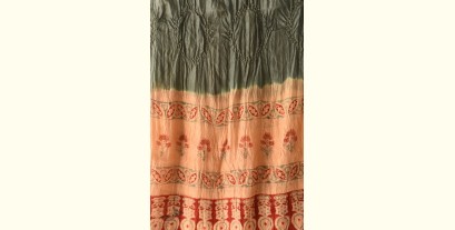 Flavors of fusion | Silk Ajrakh Bandhani Stole - Greenish Grey With Red Daaman