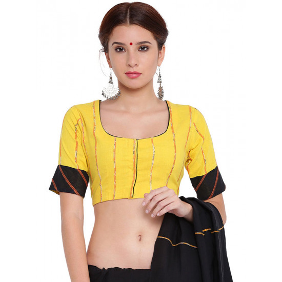 खेस ✥ Yellow khesh blouse with black khesh sleeves border ✥ 6