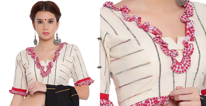 खेस ✥ Bengali traditional blouse in white khesh with gamcha frills ✥ 1