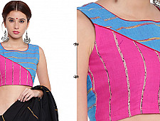 खेस ✥ Pink and blue khesh contemporary blouse with red piping ✥ 7