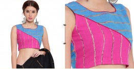 खेस ✥ Pink and blue khesh contemporary blouse with red piping ✥ 7