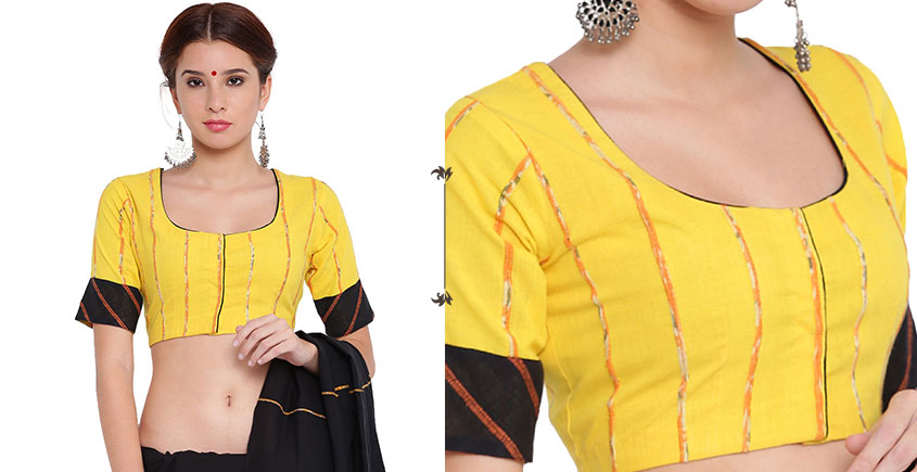 खेस ✥ Yellow khesh blouse with black khesh sleeves border ✥ 6
