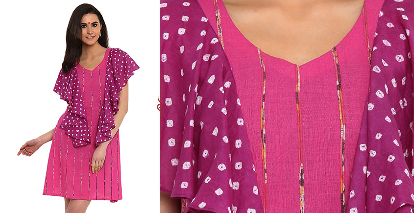 Buy Handwoven Designer Cotton Khesh Pink khesh with ruffel bandhani dress