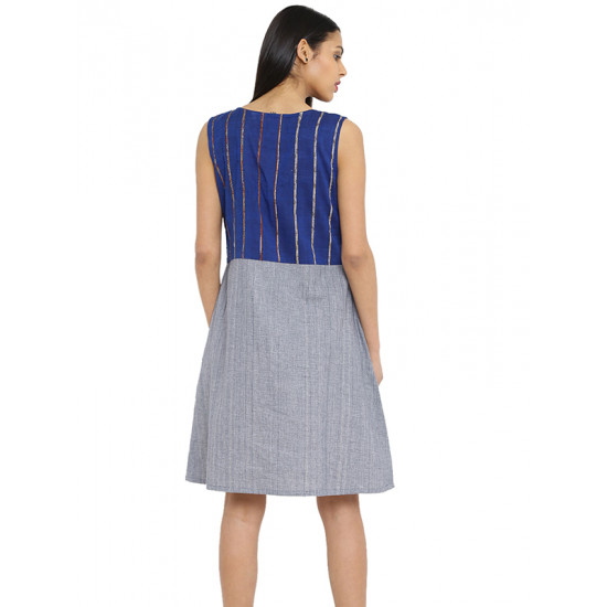 खेस ✥ Blue khesh and grey Cotton Handwoven Dress ✥ c