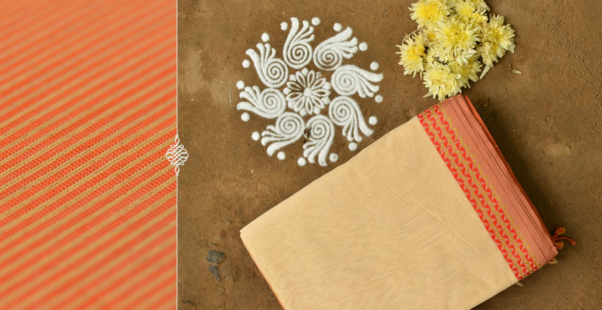 handloom maheshwari cotton silk saree - orange and beige color