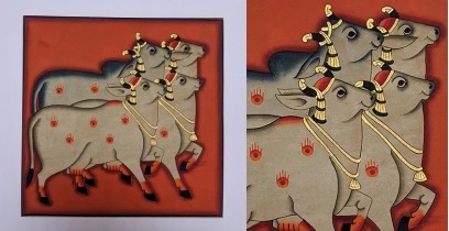 बनवारी ☙ Pichwai Painting ☙ Gopashtami Cows { 8 x 8 inch } - Red