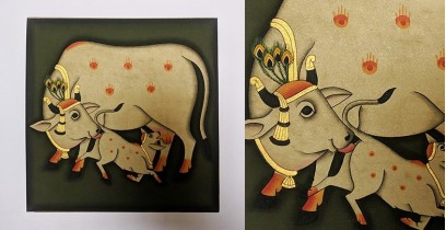 बनवारी ☙ Pichwai Painting ☙ Gopashtami Cows { 8 x 8 inch } - Green {F}