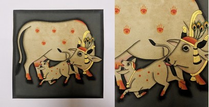 बनवारी ☙ Pichwai Painting ☙ Gopashtami Cows { 8 x 8 inch } - Gray {L}