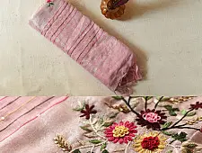 Kopal ✲ Handloom Linen Saree - Hand Embroidered - Light Pink