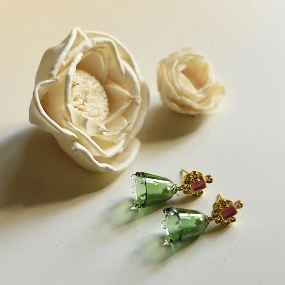 online Handmade designer glass Earring - Green Jhumka