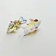 handcrafted glass fish drop earrings featuring yellow and red translucent bodies with delicate light blue fins on hook wires