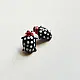 handcrafted black and white polka dot ladybug lampwork glass stud earrings named polka bug with red head accents   