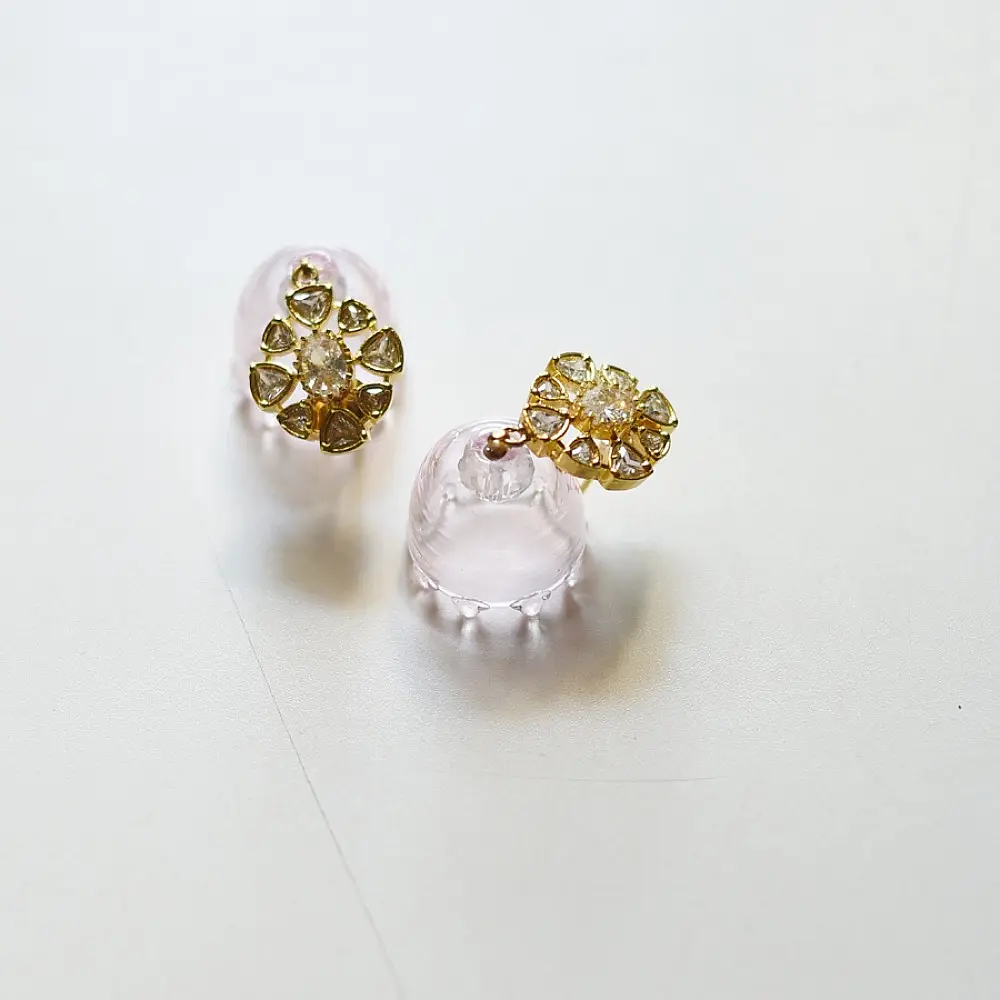 handcrafted mini pink translucent glass bell drop earrings with detailed gold filigree stud tops   