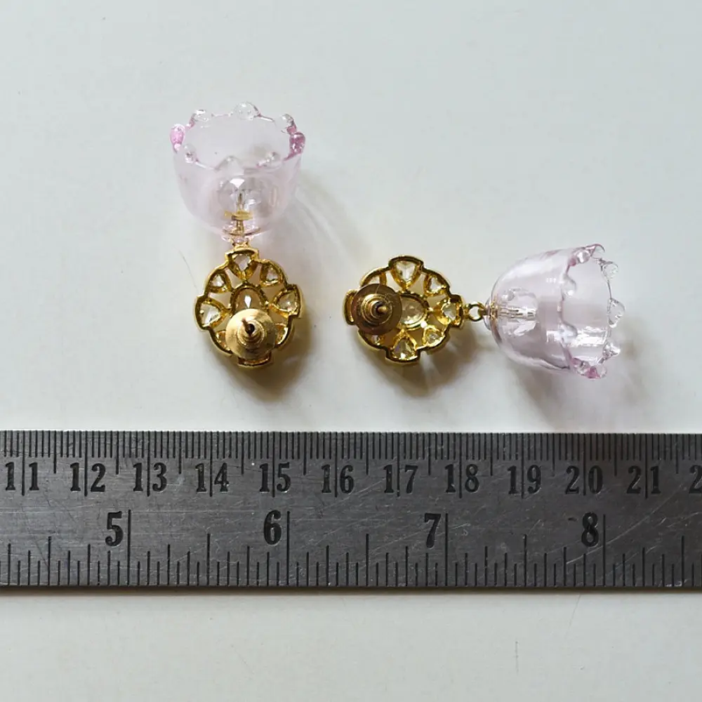 handcrafted mini pink translucent glass bell drop earrings with detailed gold filigree stud tops   