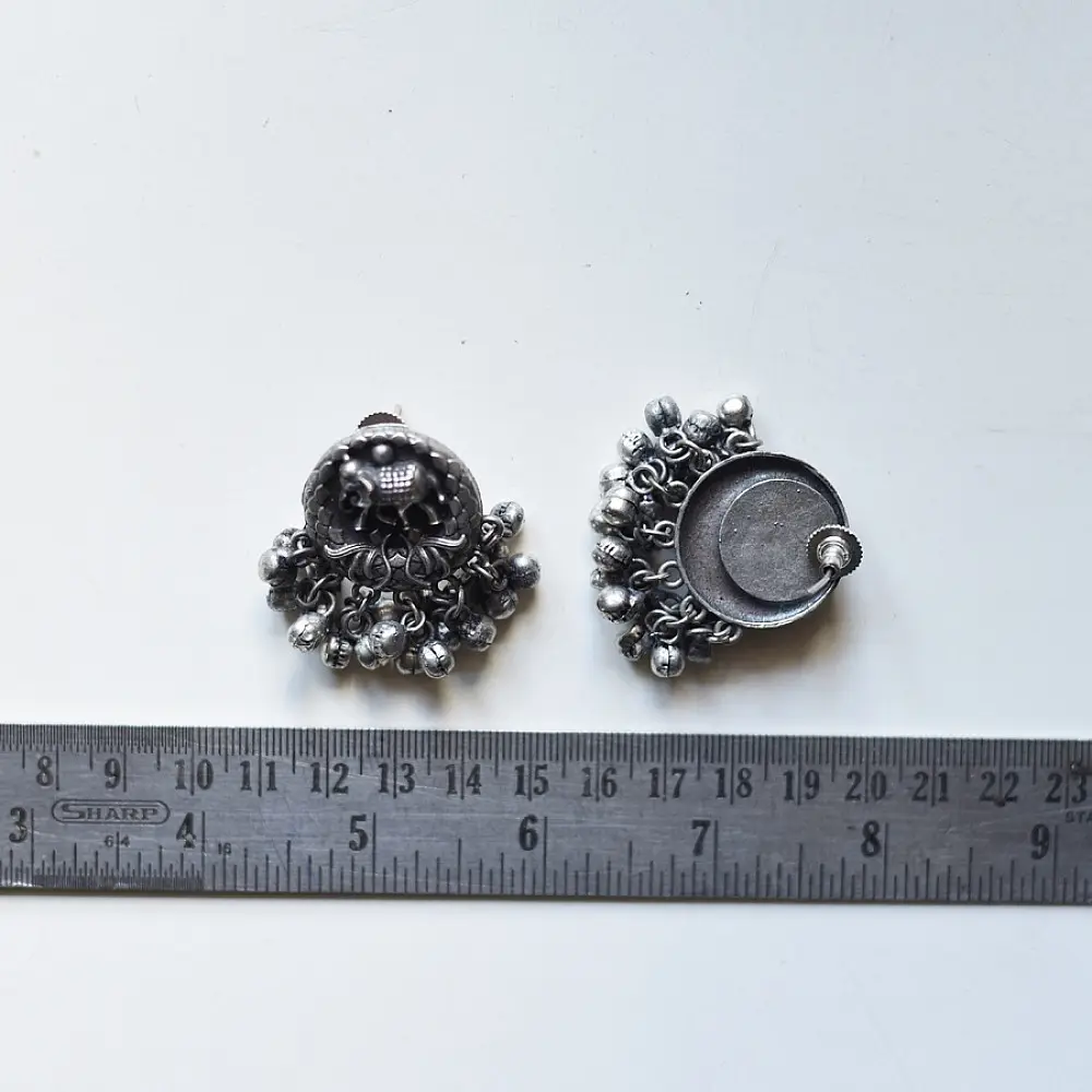 handcrafted german silver jhumka drop earrings featuring elephant motif, filigree stud, dome jhumka, and ghungroo bead fringe