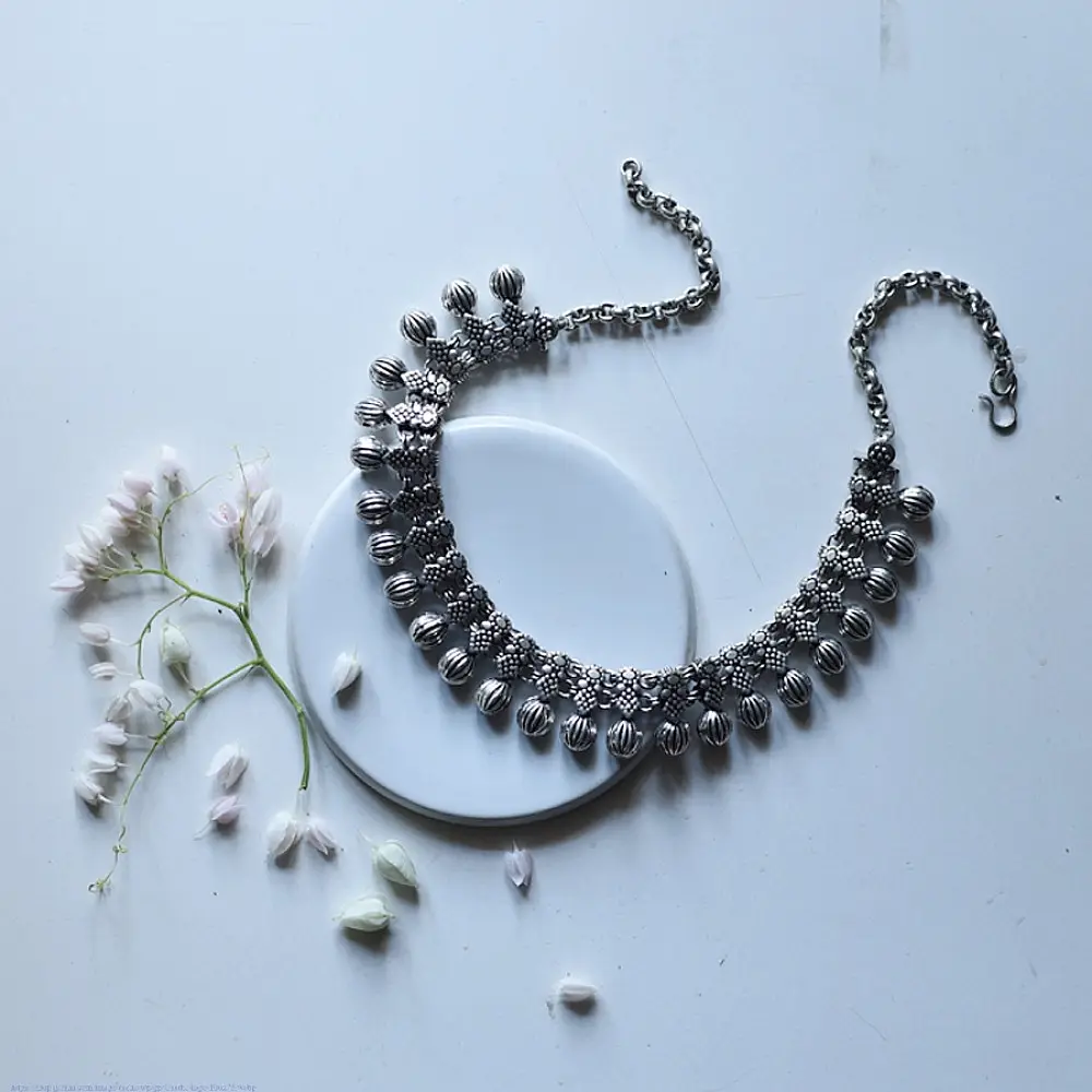 handcrafted german silver dual line choker necklace featuring textured ribbed spherical beads and diamond drop charms in oxidised finish