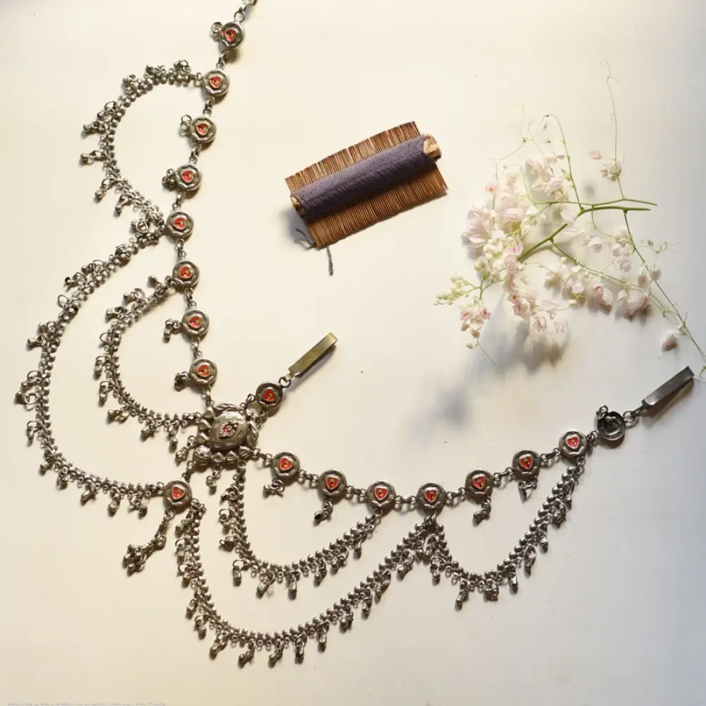 white metal traditional bhil tribal kamarband half waist belt side kamarbandh metallic coin chain charms gaatha