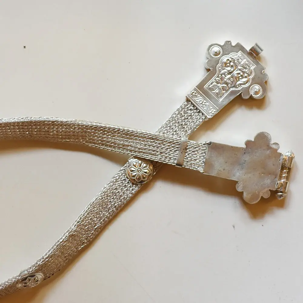 white metal rabari waist belt kamar bandh structured mesh band ornate engraved plaques traditional tribal body jewelry gaatha