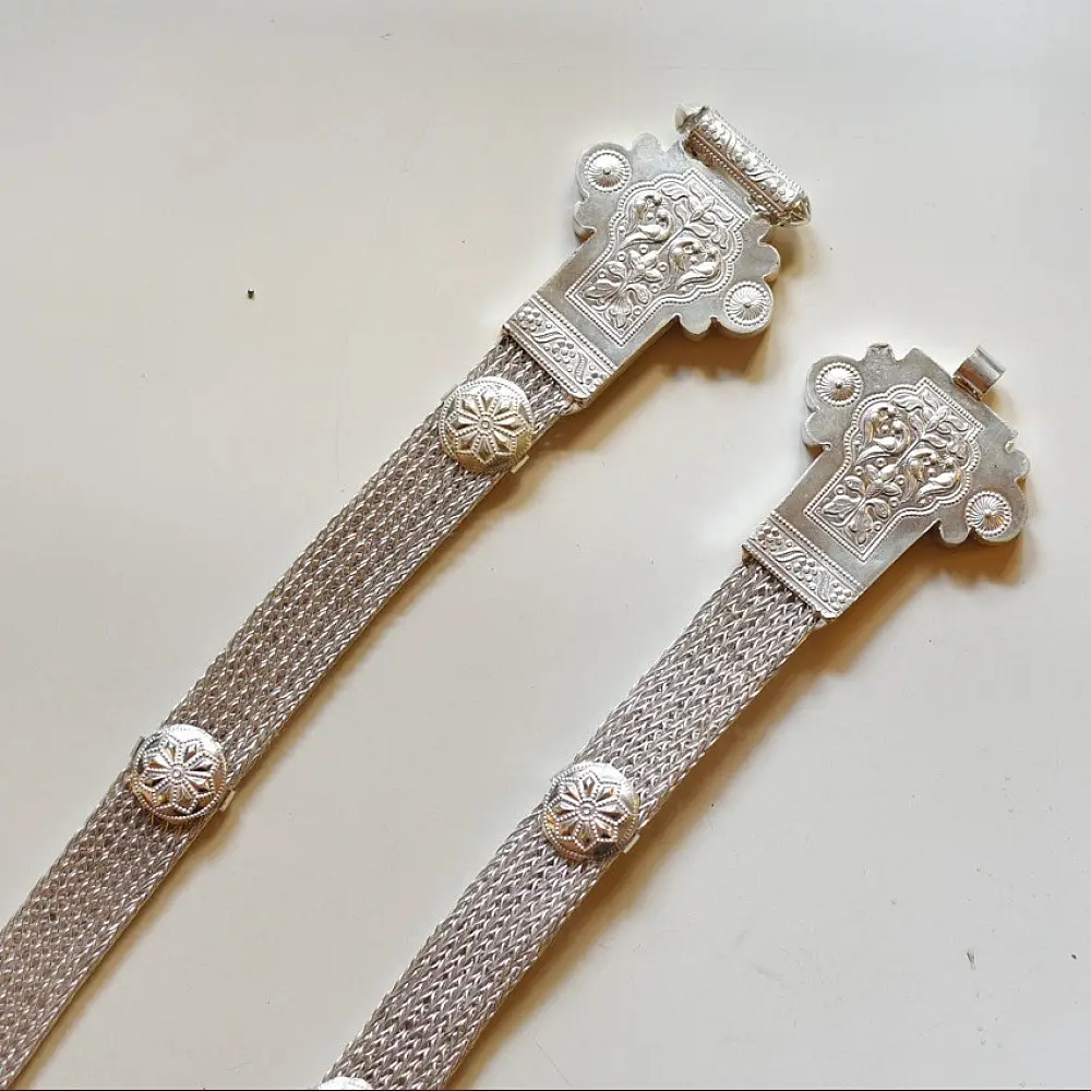 white metal rabari waist belt kamar bandh structured mesh band ornate engraved plaques traditional tribal body jewelry gaatha