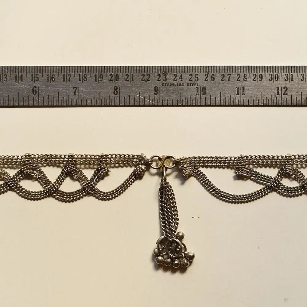 vintage rabari waist belt white metal kamar bandh jhaalar ghunghru tiered scalloped chains traditional tribal body jewelry gaatha