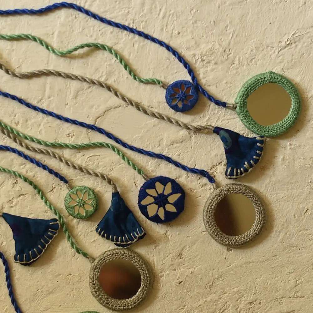 Handmade Embroidered Necklace  Blue & Green threads